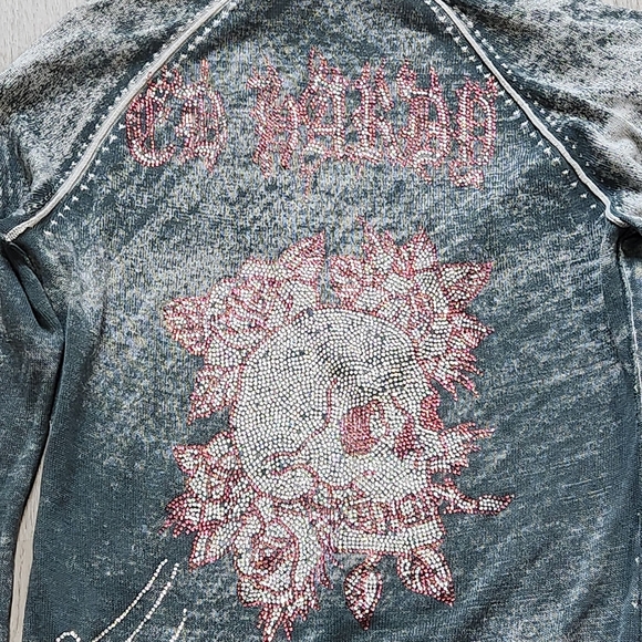 Vintage Y2K Ed Hardy Rhinestone Skull Hoodie Long sleeve Women Small Grunge Top - Picture 9 of 11